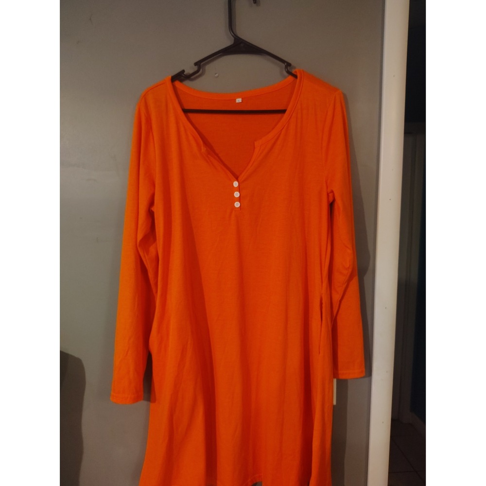 Bright Orange Long Sleeve Henley Dress with Pockets Size L